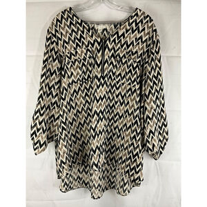 Zigzag Print Long-Sleeve Tunic Top - Black & Cream